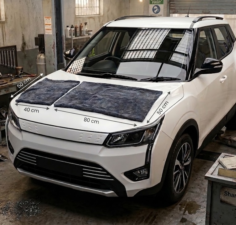 Fixtr 50 by 40 cm and 50 by 80 cm grey microfiber cloths displayed together on a white car bonnet with dimension labels