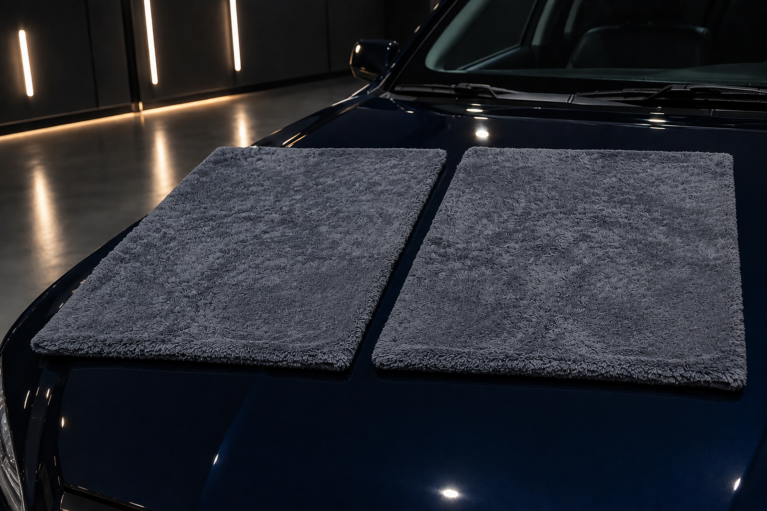 Two identical charcoal-grey Fixtr 900 GSM microfiber cloths displayed on a dark navy car in a premium detailing studio