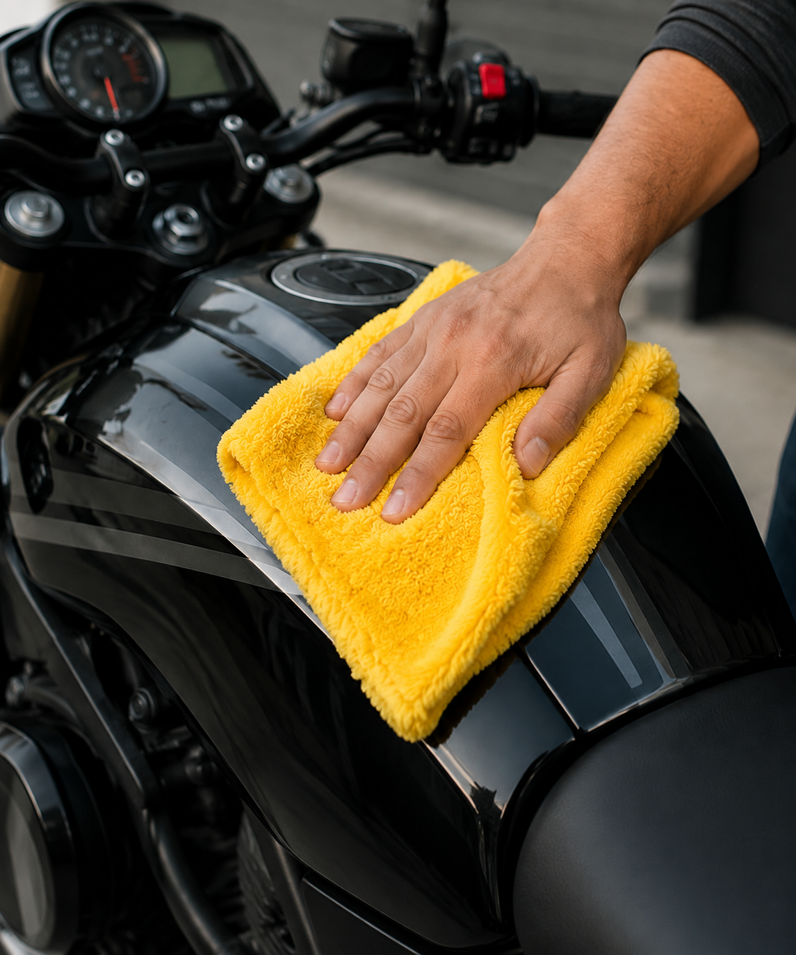 Using a plush yellow Fixtr coral-fleece microfiber cloth for motorcycle care; colour is illustrative